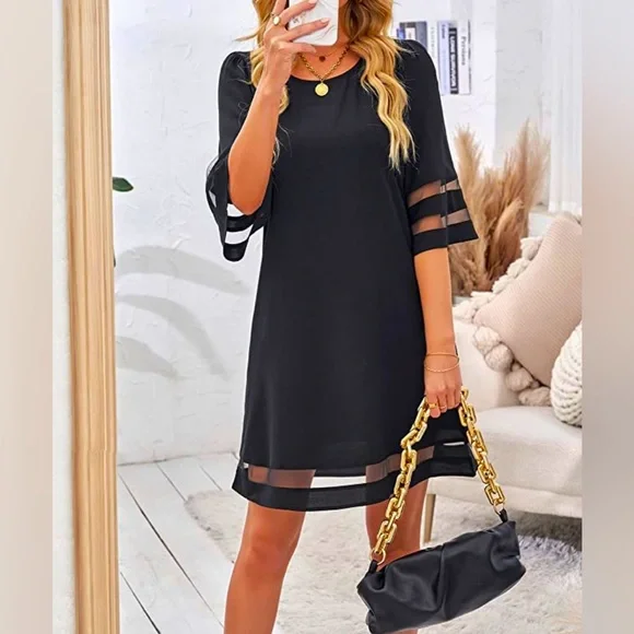 Dresses | Crewneck Mesh Panel Bell Sleeve Loose Tunic Dress | Poshmark